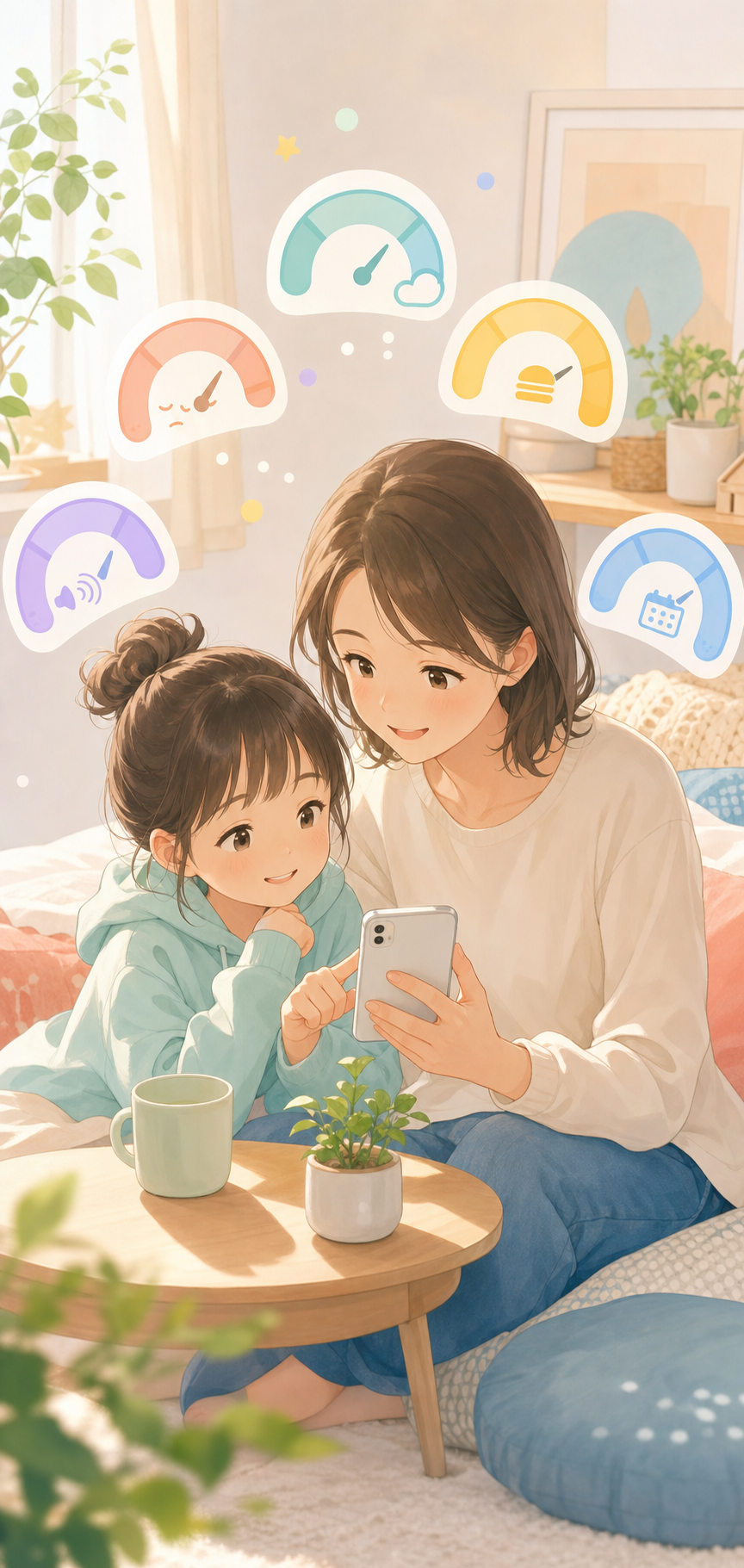親子がスマホで今日の気持ちを確認しているやさしいイラスト